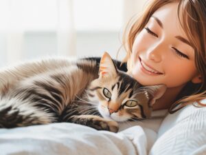 moça na cama com seu gatinho